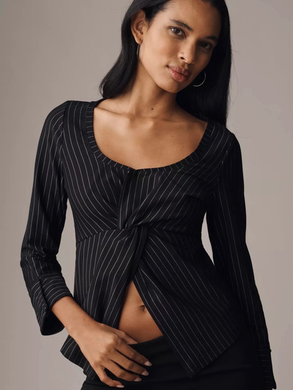 Maeve Twisted Pinstripe Open-Front Top